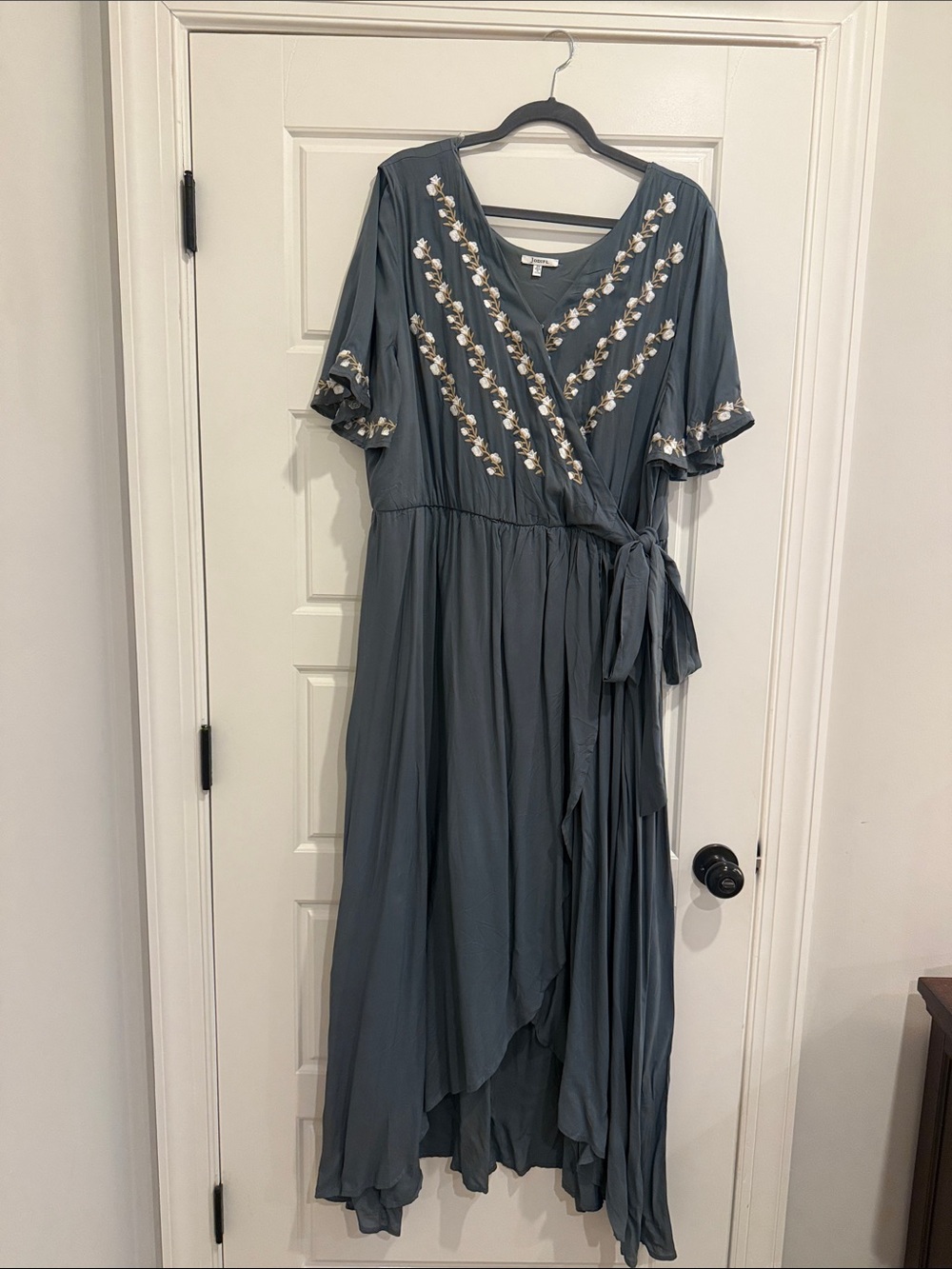 JODIFL Slate Blue Embroidered High-Low Wrap Dress